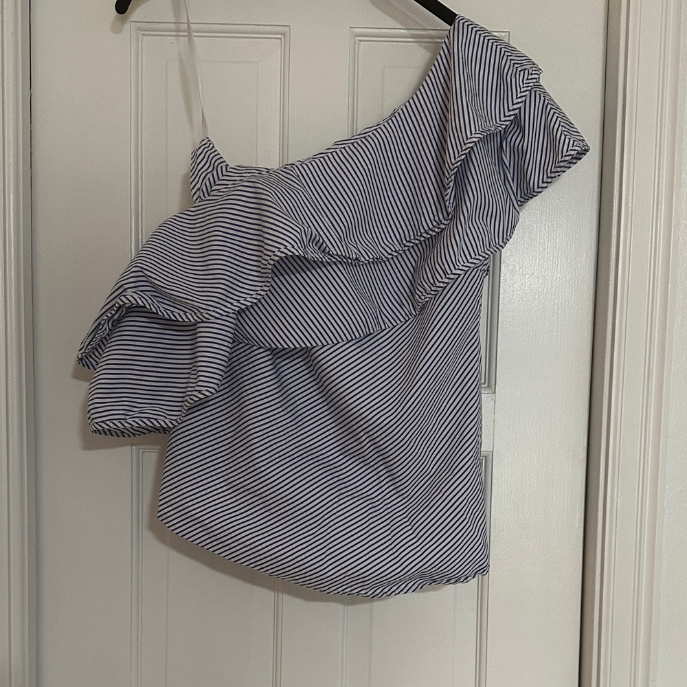 White House Black Market Blue and White Off The Shoulder Blouse Size 2